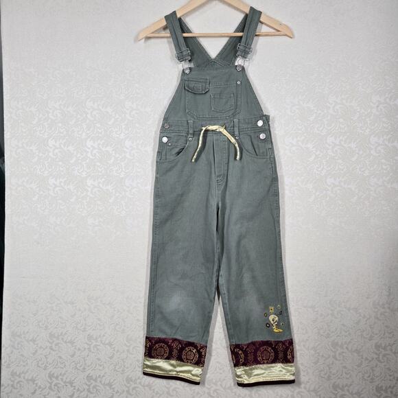 VTG 90s Looney Tunes Tweety Bird Embroidered Bib Overalls sz 7/8 Green Kidcore - Picture 16 of 16